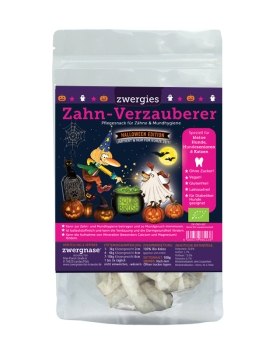 Halloween Zahn-Verzauberer "Zwergies" 90g +10% Bio Kokos Zahn- und Mundhygiene Snack für kleine Hunde und Katzen