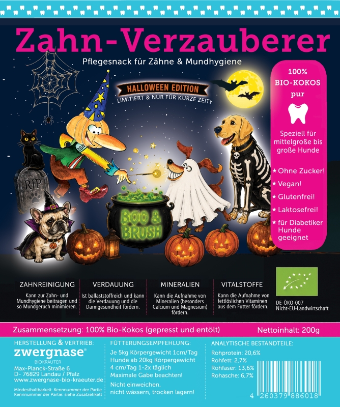 Halloween Zahn-Verzauberer 180g +10%  Bio-Kokos Zahn- und Mundhygiene-Snack für Hunde