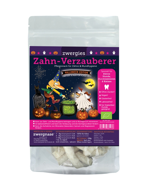 Halloween Zahn-Verzauberer "Zwergies" 90g +10% Bio Kokos Zahn- und Mundhygiene Snack für kleine Hunde und Katzen