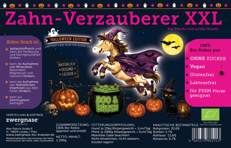 Halloween "Kokos-Snack XXL" 1200g Bio Kokos Zahn- und Mundhygiene Snack für Pferde und große Hunde