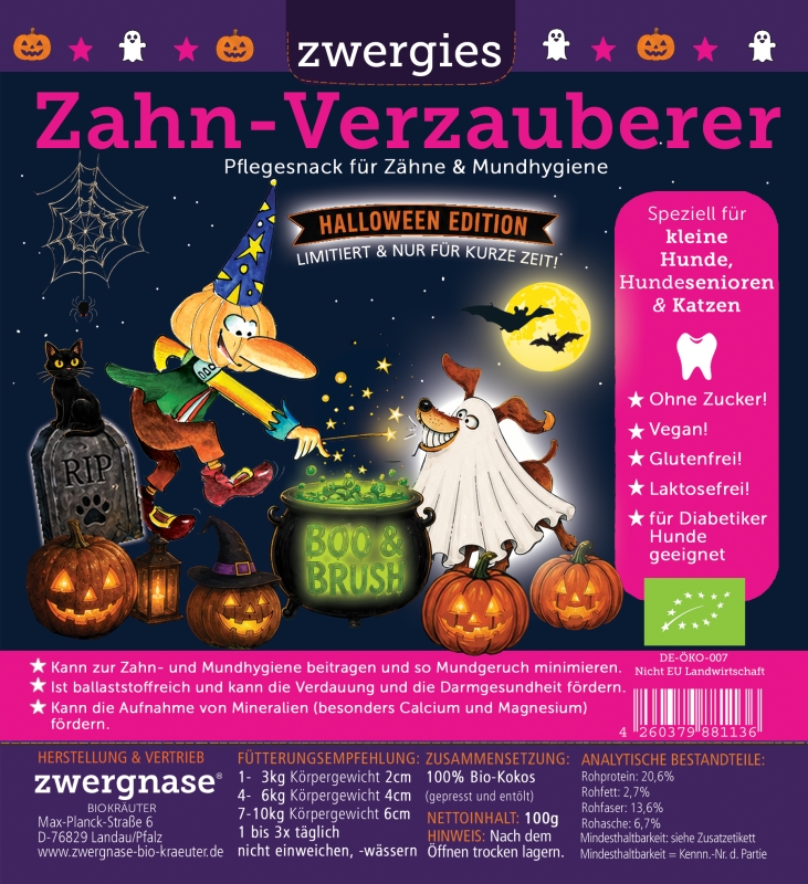 Halloween Zahn-Verzauberer "Zwergies" 90g +10% Bio Kokos Zahn- und Mundhygiene Snack für kleine Hunde und Katzen