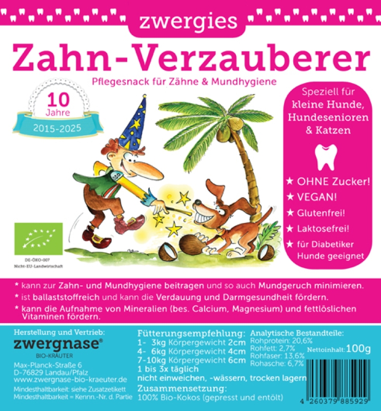 Zahn-Verzauberer "Zwergies" 90g +10% Bio Kokos Zahn- und Mundhygiene Snack für kleine Hunde und Katzen